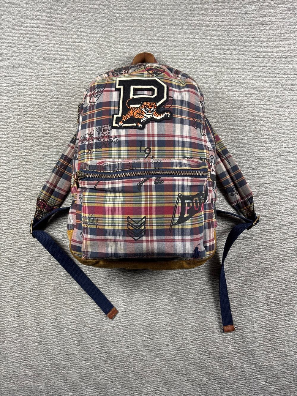 Polo Ralph Lauren Unisex Madras Plaid Tiger Patch Backpack Rare Book Bag Preppy